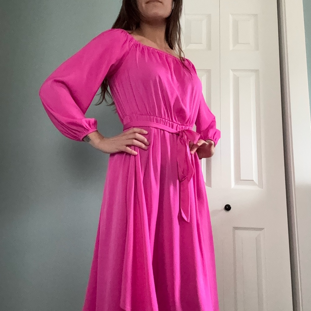 Forever 21 Fuchsia Long Sleeve Belted Midi Dress